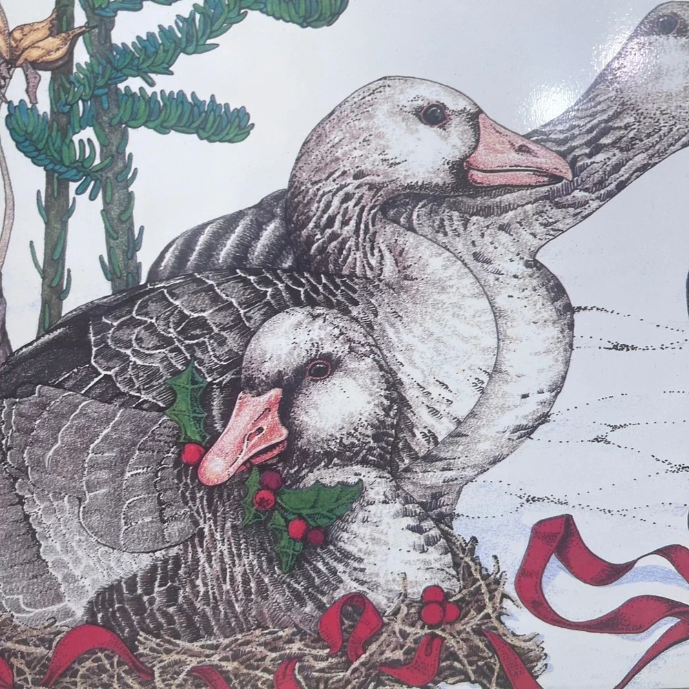 Vintage Christmas Geese Metal Tin Large Rectangular Winter Woodland Bird Decor